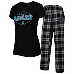 Женский комплект для сна, черная/серая спортивная футболка со значком Miami Marlins и пижамные штаны Concepts Unbranded