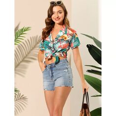 Женская гавайская пляжная рубашка на пуговицах с цветочным принтом и листьями ALLEGRA K