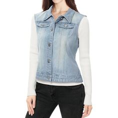 Женская однобортная джинсовая куртка-жилет с нагрудными карманами и стираными карманами ALLEGRA K