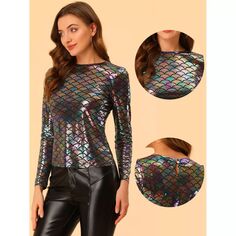 Женская блестящая рубашка с длинными рукавами и блестящими металлическими топами для вечеринок ALLEGRA K, серебряный