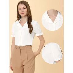Женские рубашки с короткими рукавами и воротником на верхней пуговице спереди для рабочих рубашек ALLEGRA K, белый