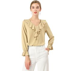 Женские крестьянские блузки с рюшами и V-образным вырезом Элегантная шифоновая блузка Топ ALLEGRA K, белый