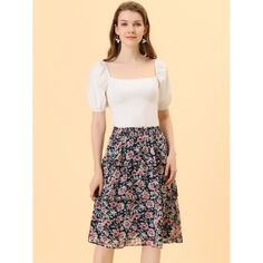 Женская шифоновая юбка-миди с цветочным принтом и эластичной резинкой на талии ALLEGRA K, белый