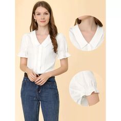 Женская блузка со складками и V-образным вырезом с короткими рукавами ALLEGRA K, белый