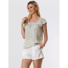 Женская шифоновая блузка с рюшами и рукавами, винтажная многослойная блузка с цветочным принтом, топ ALLEGRA K, белый