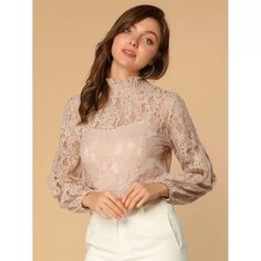Женская прозрачная блузка с кружевным топом и цветочным принтом, с пышным воротником и длинными рукавами ALLEGRA K, белый