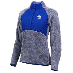 Женский пуловер из шерпа с застежкой на четверть кнопки Antigua Blue/Heathered Grey Toronto Maple Leafs Antigua