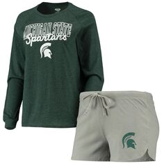 Женский комплект для сна, зеленый/серый, зеленый/серый, штат Мичиган, Spartans, футболка реглан с длинными рукавами и шорты Unbranded