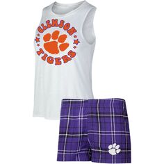Женский спортивный комплект для сна фиолетового/белого цвета Clemson Tigers Ultimate, фланелевая майка и шорты Unbranded
