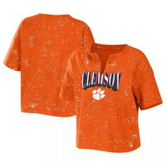 Женская футболка Erin Andrews Orange Clemson Tigers Bleach Wash Splatter Notch Neck Unbranded