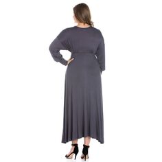Плюс размер 24seven Comfort Apparel Платье макси с V-образным вырезом и длинными рукавами 24Seven Comfort Apparel, серый