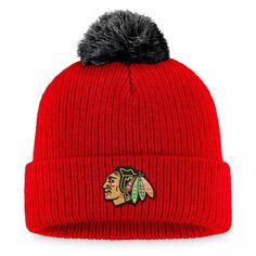 Мужская красная вязаная шапка Fanatics Team Chicago Blackhawks с манжетами и помпоном