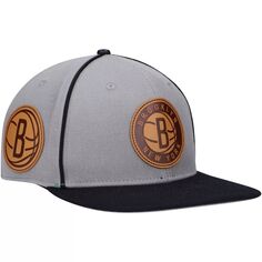 Мужская кепка Snapback с кожаной нашивкой Pro Standard серого/черного цвета Brooklyn Nets Heritage