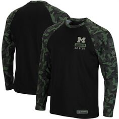 Мужская черная футболка Colosseum Michigan Wolverines OHT с камуфляжным принтом в стиле милитари реглан с длинным рукавом
