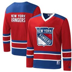 Мужская стартовая красная/королевская футболка New York Rangers в перекрестную клетку с длинным рукавом и v-образным вырезом Starter