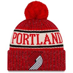 Мужская спортивная вязаная шапка New Era Red Portland Trail Blazers с манжетами и помпоном