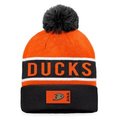 Мужская вязаная шапка Fanatics черного/оранжевого цвета с манжетами и помпоном Anaheim Ducks Authentic Pro Rink