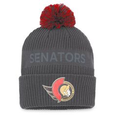 Мужская темно-серая мужская вязаная шапка Fanatics Ottawa Senators Authentic Pro Home Ice с манжетами и помпоном