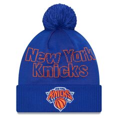 Мужская синяя вязаная шапка с манжетами и помпоном New Era New York Knicks 2023 NBA Draft
