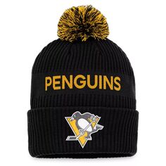 Мужская черная/желтая фирменная вязаная шапка с манжетами и помпоном для драфта НХЛ 2022 года Fanatics Pittsburgh Penguins Authentic Pro