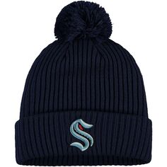 Мужская вязаная шапка Fanatics Deep Sea Blue Seattle Kraken Primary с логотипом, манжетами и помпоном