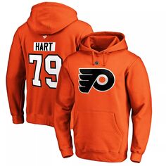 Мужской пуловер с капюшоном Fanatics Carter Hart Orange Philadelphia Flyers с именем и номером игрока