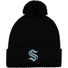 Мужская черная вязаная шапка с логотипом Fanatics Seattle Kraken Primary с манжетами и помпоном