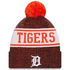 Мужская вязаная шапка New Era оранжевого/темно-синего цвета с манжетами и помпоном Detroit Tigers Banner