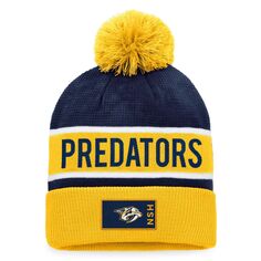Мужская вязаная шапка Fanatics золотого/темно-синего цвета с манжетами и помпоном Nashville Predators Authentic Pro Rink