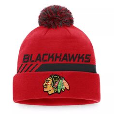 Мужская вязаная шапка Fanatics красного/черного цвета с манжетами и помпоном для раздевалки Chicago Blackhawks Authentic Pro Team