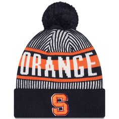 Мужская вязаная шапка New Era Navy Syracuse Orange в полоску с манжетами и помпоном
