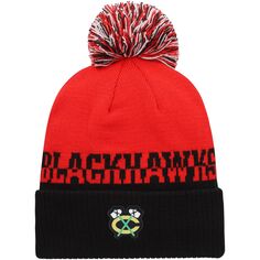 Мужская вязаная шапка adidas Red/Black Chicago Blackhawks COLD.RDY с манжетами и помпоном