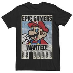 Мужская футболка с мятым плакатом Nintendo Super Mario Epic Gamers Wanted Mario Licensed Character