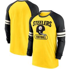 Мужская футболка Nike Gold/Black Pittsburgh Steelers Throwback с длинным рукавом реглан