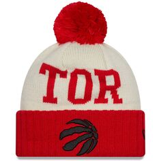 Мужская вязаная шапка с манжетами и помпоном New Era, красно-кремовая, Toronto Raptors, драфт НБА 2022, на площадке