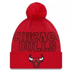 Мужская вязаная шапка New Era Red Chicago Bulls 2023 NBA Draft с манжетами и помпоном