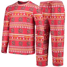 Men&apos;s Concepts Sport Red Maryland Terrapins Ugly Sweater Футболка с длинными рукавами и брюки Комплект для сна