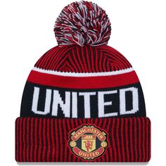 Мужская красная спортивная вязаная шапка New Era Manchester United с манжетами и помпоном