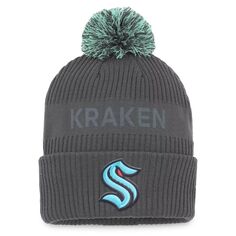 Мужская вязаная шапка Fanatics с фирменным углем Seattle Kraken Authentic Pro Home Ice с манжетами и помпоном
