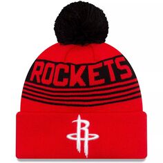 Мужская красная вязаная шапка New Era Houston Rockets с манжетами и помпоном