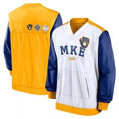 Мужской белый/золотой пуловер с v-образным вырезом Milwaukee Brewers Rewind Warmup Jacket Nike