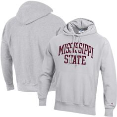 Мужской серый пуловер с капюшоном Mississippi State Bulldogs Team Arch обратного переплетения Champion