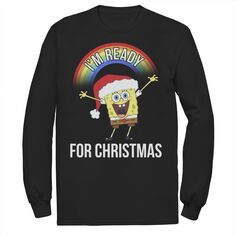 Мужская футболка SpongeBob SquarePants I&apos;m Ready For Christmas с длинными рукавами и цветами радуги Nickelodeon, черный