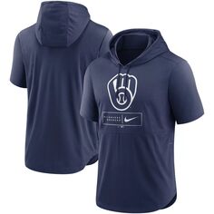 Мужской темно-синий пуловер с капюшоном с короткими рукавами и логотипом Milwaukee Brewers Lockup Performance Nike