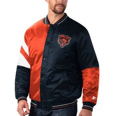 Мужская университетская атласная куртка с длинными кнопками темно-синего/оранжевого цвета Chicago Bears Leader Starter