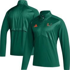 Мужская зеленая куртка Miami Hurricanes Sideline AEROREADY с рукавами реглан и молнией четверти adidas