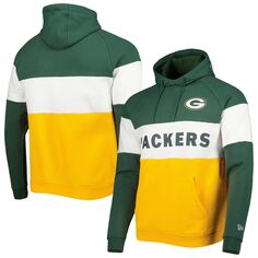 Мужской пуловер с капюшоном Green Bay Packers Colorblock Current золотого цвета New Era