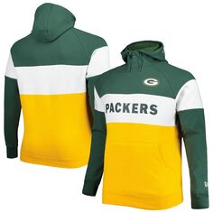 Мужской зеленый/золотой флисовый пуловер с капюшоном Green Bay Packers Big &amp; Tall Current с цветными блоками реглан New Era