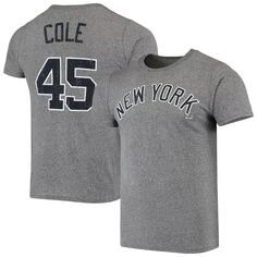 Мужская футболка Gerrit Cole Heathered Grey New York Yankees с именем и номером Tri-Blend Majestic