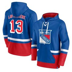 Мужская брендовая толстовка с капюшоном и синим/красным логотипом Alexis Lafreniere New York Rangers Player на шнуровке и v-образным вырезом Fanatics